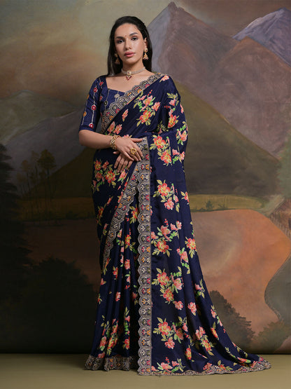 Rajwada Blue Printed Chiffon Saree With Unstitched Blouse For Women