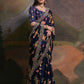 Rajwada Blue Printed Chiffon Saree With Unstitched Blouse For Women