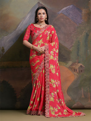 Rajwada Red Printed Chiffon Saree With Unstitched Blouse For Women
