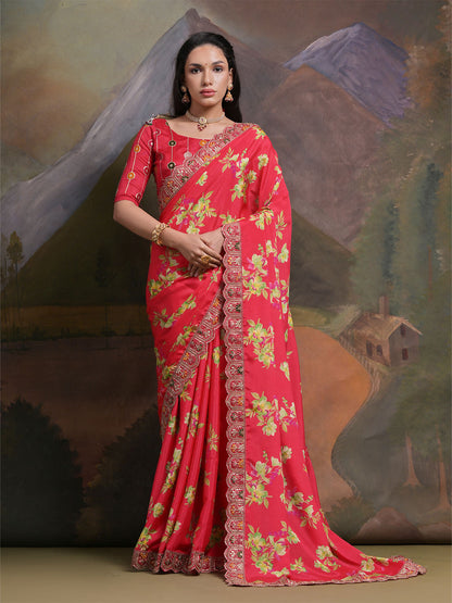 Rajwada Red Printed Chiffon Saree With Unstitched Blouse For Women