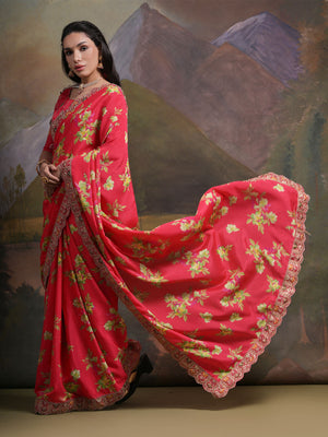 Rajwada Red Printed Chiffon Saree With Unstitched Blouse For Women