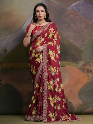 Rajwada Wine Printed Chiffon Saree With Unstitched Blouse For Women