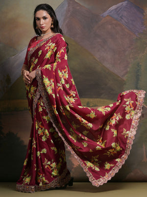 Rajwada Wine Printed Chiffon Saree With Unstitched Blouse For Women