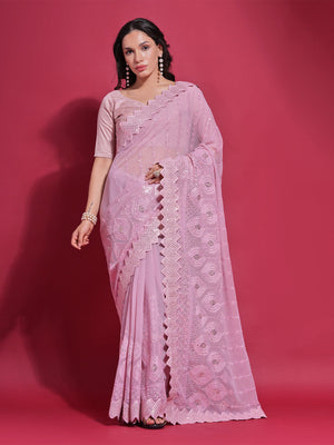 Rajwada Pink Embellished Georgette Saree With Unstitched Blouse For Women