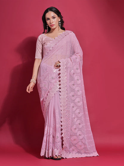 Rajwada Pink Embellished Georgette Saree With Unstitched Blouse For Women