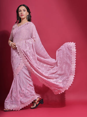 Rajwada Pink Embellished Georgette Saree With Unstitched Blouse For Women