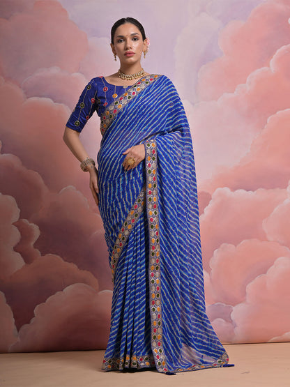 Rajwada Blue Printed Georgette Saree With Unstitched Blouse For Women
