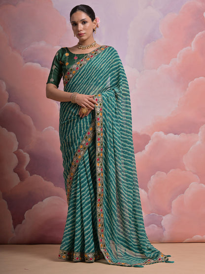 Rajwada Green Printed Georgette Saree With Unstitched Blouse For Women