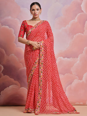Rajwada Pink Printed Georgette Saree With Unstitched Blouse For Women