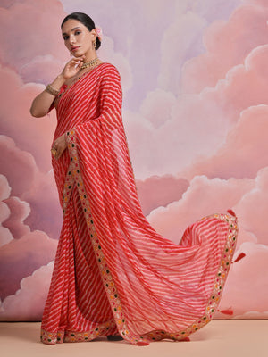 Rajwada Pink Printed Georgette Saree With Unstitched Blouse For Women