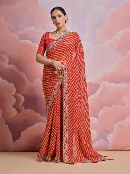 Rajwada Orange Printed Georgette Saree With Unstitched Blouse For Women