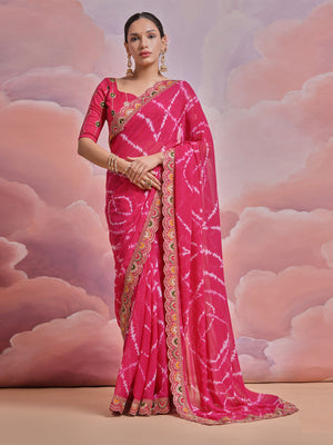 Rajwada Pink Printed Georgette Saree With Unstitched Blouse For Women