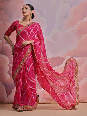 Rajwada Pink Printed Georgette Saree With Unstitched Blouse For Women