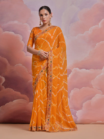 Rajwada Orange Printed Georgette Saree With Unstitched Blouse For Women