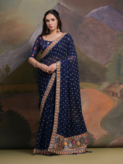 Rajwada Navy Blue Printed Georgette Saree With Unstitched Blouse For Women