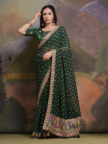 Rajwada Green Printed Georgette Saree With Unstitched Blouse For Women