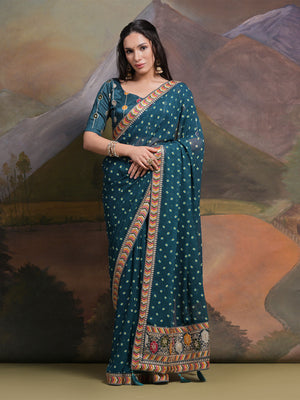 Rajwada Teal Printed Georgette Saree With Unstitched Blouse For Women
