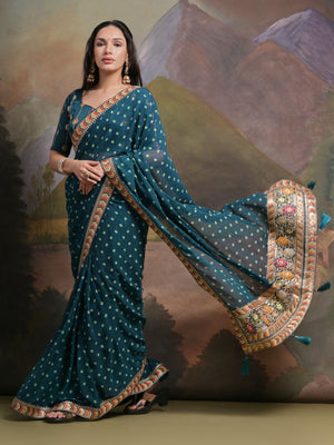 Rajwada Teal Printed Georgette Saree With Unstitched Blouse For Women