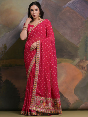 Rajwada Pink Printed Georgette Saree With Unstitched Blouse For Women