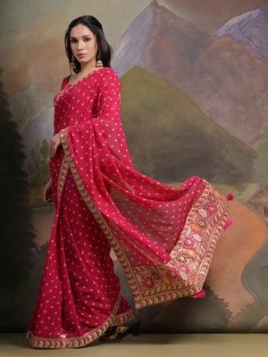 Rajwada Pink Printed Georgette Saree With Unstitched Blouse For Women