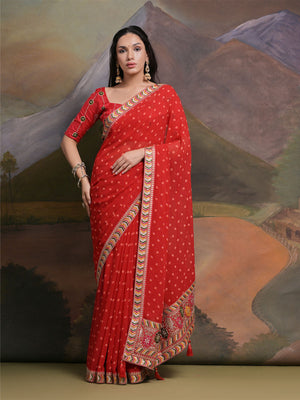Rajwada Red Printed Georgette Saree With Unstitched Blouse For Women
