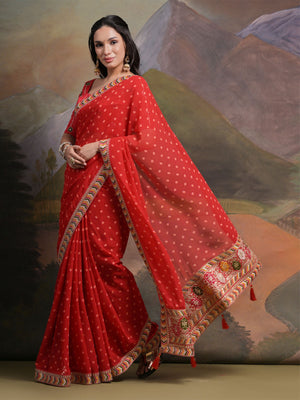 Rajwada Red Printed Georgette Saree With Unstitched Blouse For Women