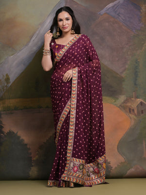 Rajwada Wine Printed Georgette Saree With Unstitched Blouse For Women