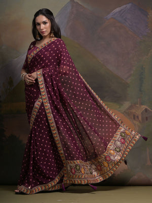 Rajwada Wine Printed Georgette Saree With Unstitched Blouse For Women