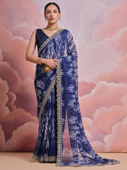 Rajwada Blue Printed Georgette Saree With Unstitched Blouse For Women
