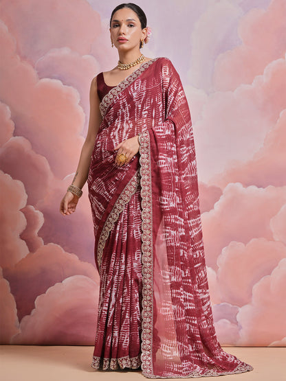 Rajwada Maroon Printed Georgette  Saree With Unstitched Blouse For Women
