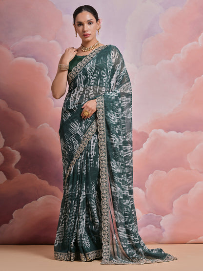 Rajwada Green Printed Georgette  Saree With Unstitched Blouse For Women