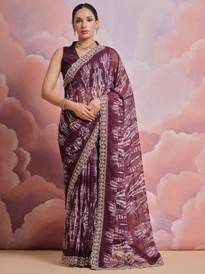 Rajwada Wine Printed Georgette  Saree With Unstitched Blouse For Women