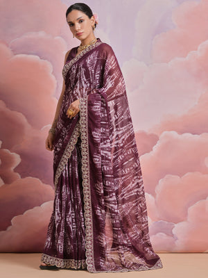 Rajwada Wine Printed Georgette  Saree With Unstitched Blouse For Women