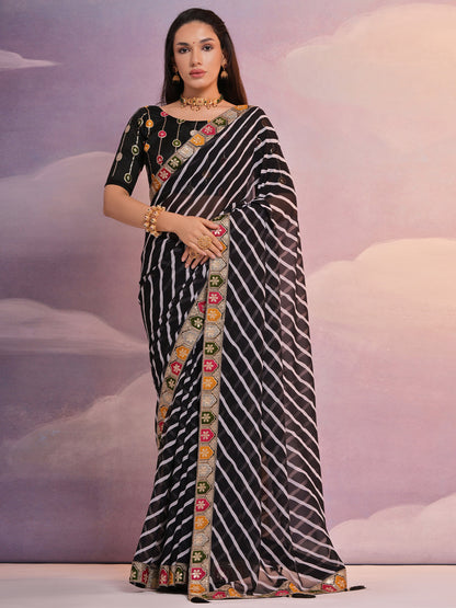 Rajwada Black Printed Georgette Saree With Unstitched Blouse For Women