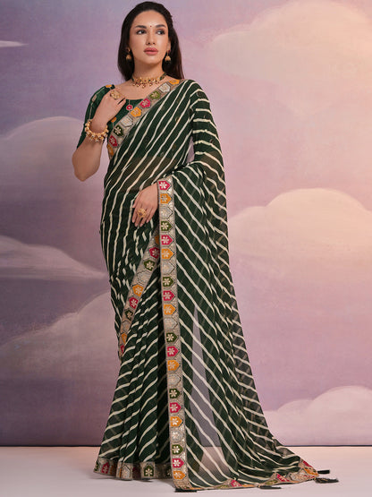 Rajwada Green Printed Georgette Saree With Unstitched Blouse For Women