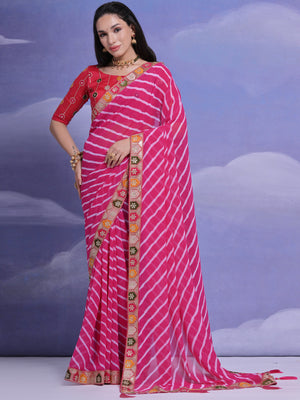 Rajwada Pink Printed Georgette Saree With Unstitched Blouse For Women