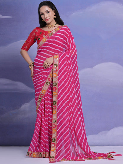 Rajwada Pink Printed Georgette Saree With Unstitched Blouse For Women