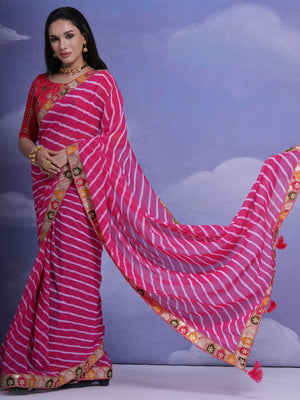 Rajwada Pink Printed Georgette Saree With Unstitched Blouse For Women