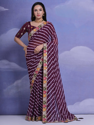 Rajwada Wine Printed Georgette Saree With Unstitched Blouse For Women