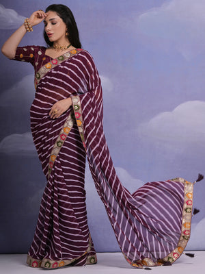 Rajwada Wine Printed Georgette Saree With Unstitched Blouse For Women