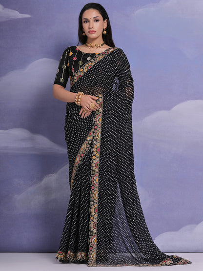 Rajwada Black Printed Georgette Saree With Unstitched Blouse For Women