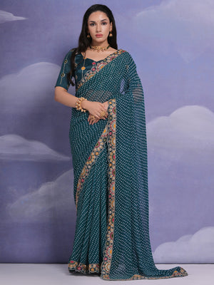 Rajwada Teal Printed Georgette Saree With Unstitched Blouse For Women
