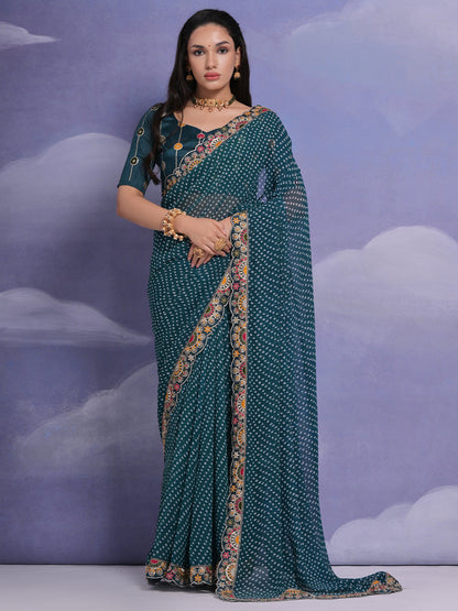 Rajwada Teal Printed Georgette Saree With Unstitched Blouse For Women