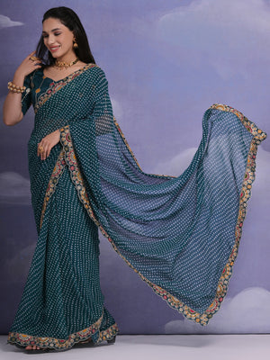 Rajwada Teal Printed Georgette Saree With Unstitched Blouse For Women