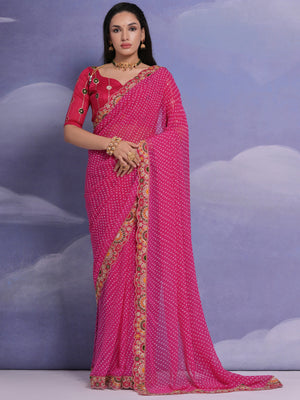 Rajwada Pink Printed Georgette Saree With Unstitched Blouse For Women