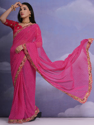 Rajwada Pink Printed Georgette Saree With Unstitched Blouse For Women