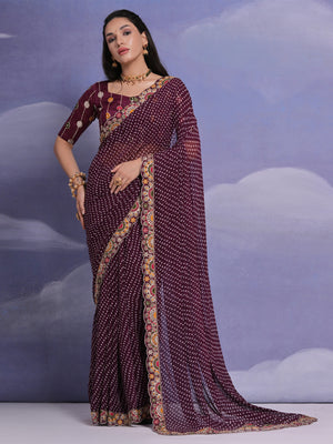 Rajwada Wine Printed Georgette Saree With Unstitched Blouse For Women