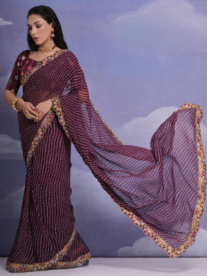 Rajwada Wine Printed Georgette Saree With Unstitched Blouse For Women