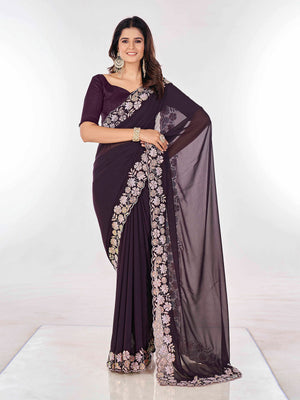 Rajwada Wine Embroidered Georgette Saree With Unstitched Blouse For Women