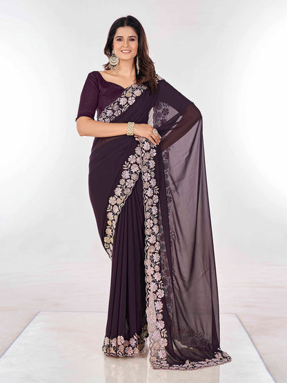 Rajwada Wine Embroidered Georgette Saree With Unstitched Blouse For Women